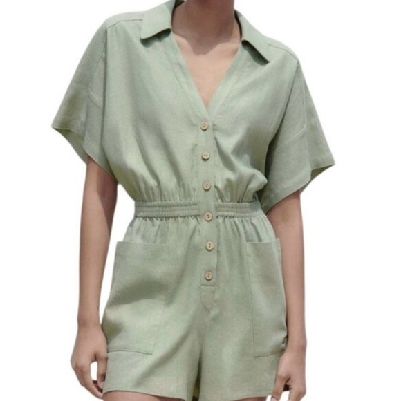 ZARA Viscose Jumsuit Romper  Olive Green Button-Up  Size M - Picture 1 of 9